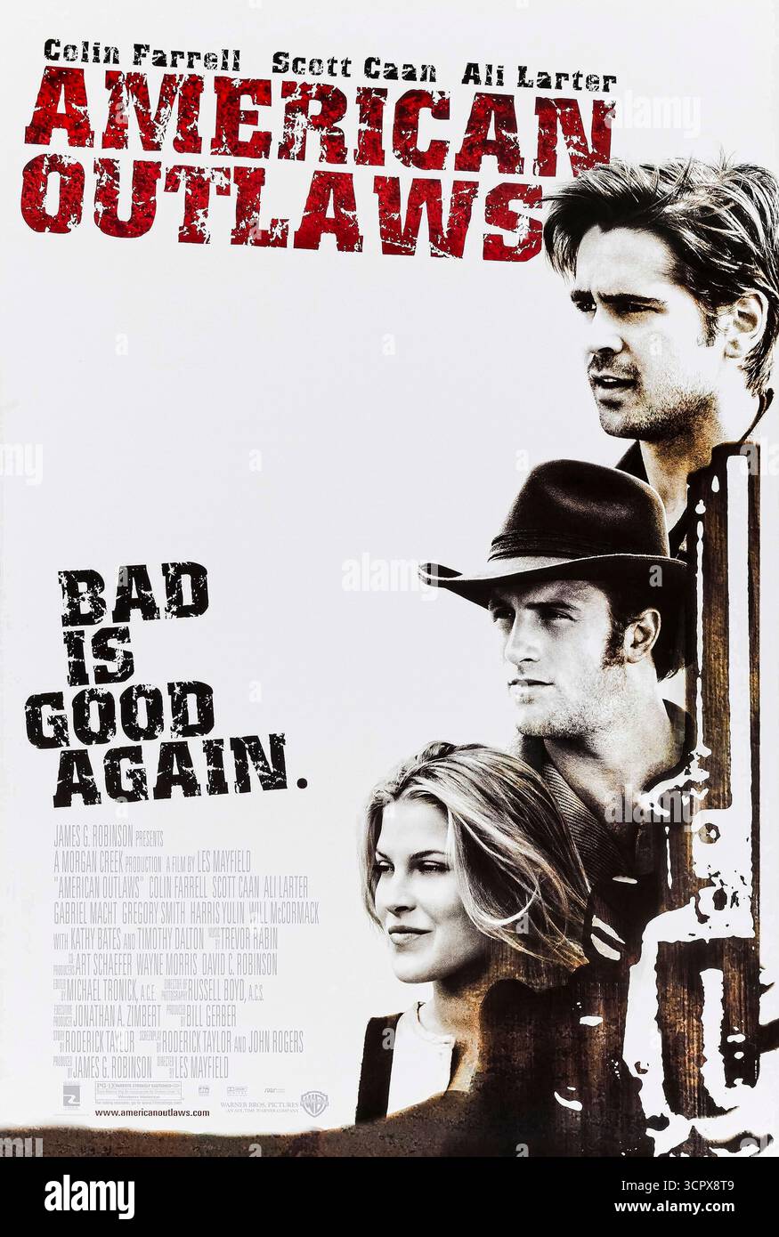 American Outlaws (2001) réalisé par les Mayfield et mettant en vedette Colin Farrell, Scott Caan et Ali Larter. Jesse James et son gang combattent un baron des chemins de fer essayant de s'emparer de leurs terres agricoles du Missouri. Photographie d'une affiche américaine originale de 2001 À USAGE ÉDITORIAL EXCLUSIF. Crédit : BFA / Warner Bros Banque D'Images