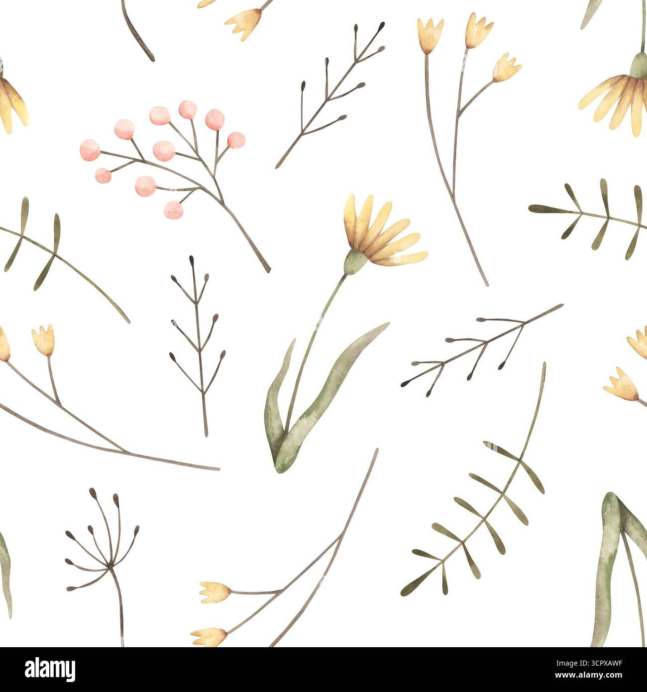 Woodland. Aquarelle dessinée à la main motif sans couture avec des fleurs sauvages. Imprimé mignon pour les enfants Banque D'Images