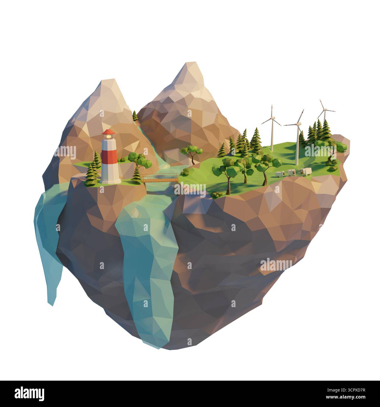 Concept d'énergie propre. îlot flottant 3d low poly. illustration de rendu 3d. Isolé sur fond blanc. Banque D'Images