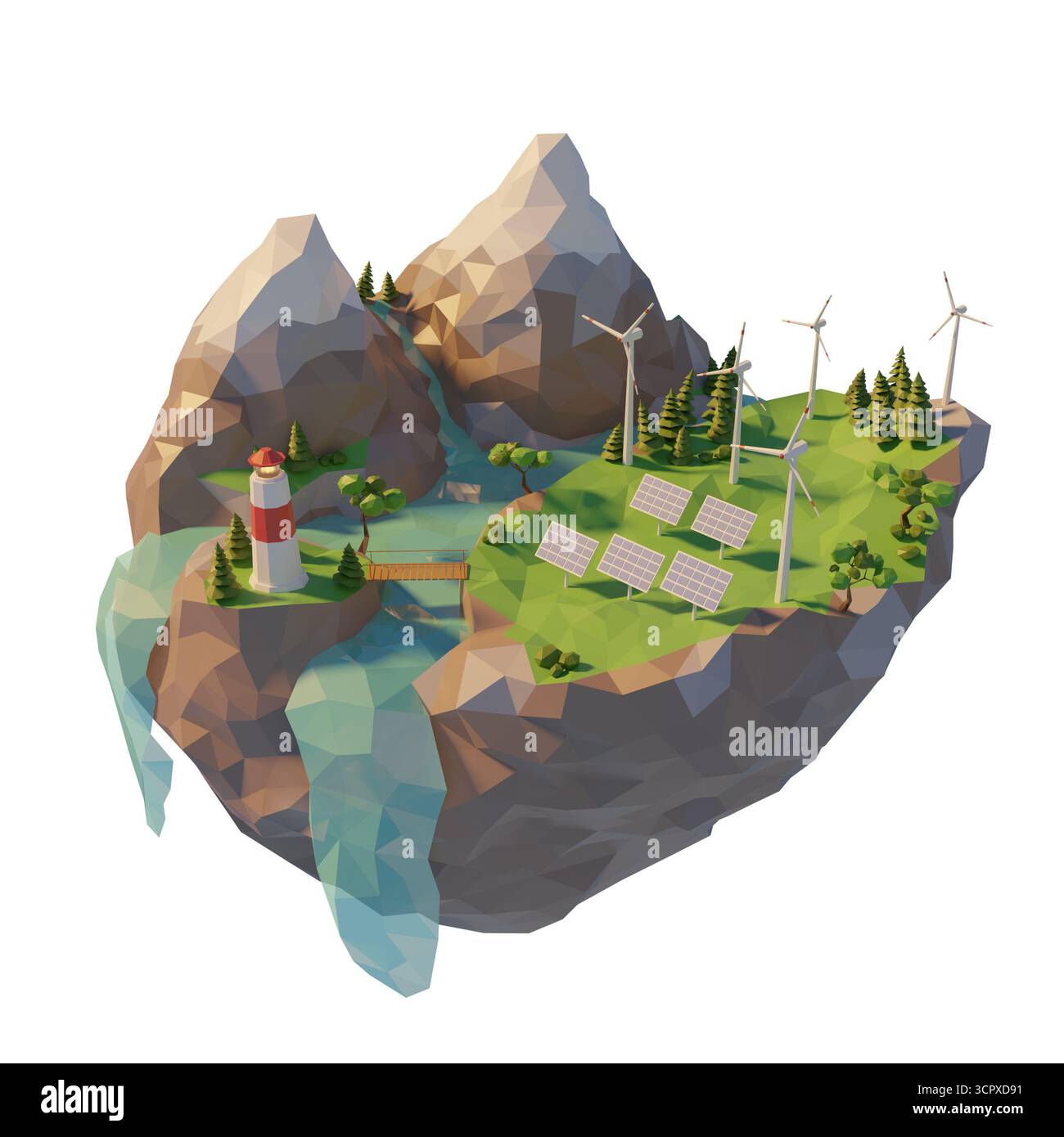 Sources de production d'énergie propre. Panneaux solaires et éoliennes sources d'énergie renouvelables. illustration 3d low poly. Banque D'Images