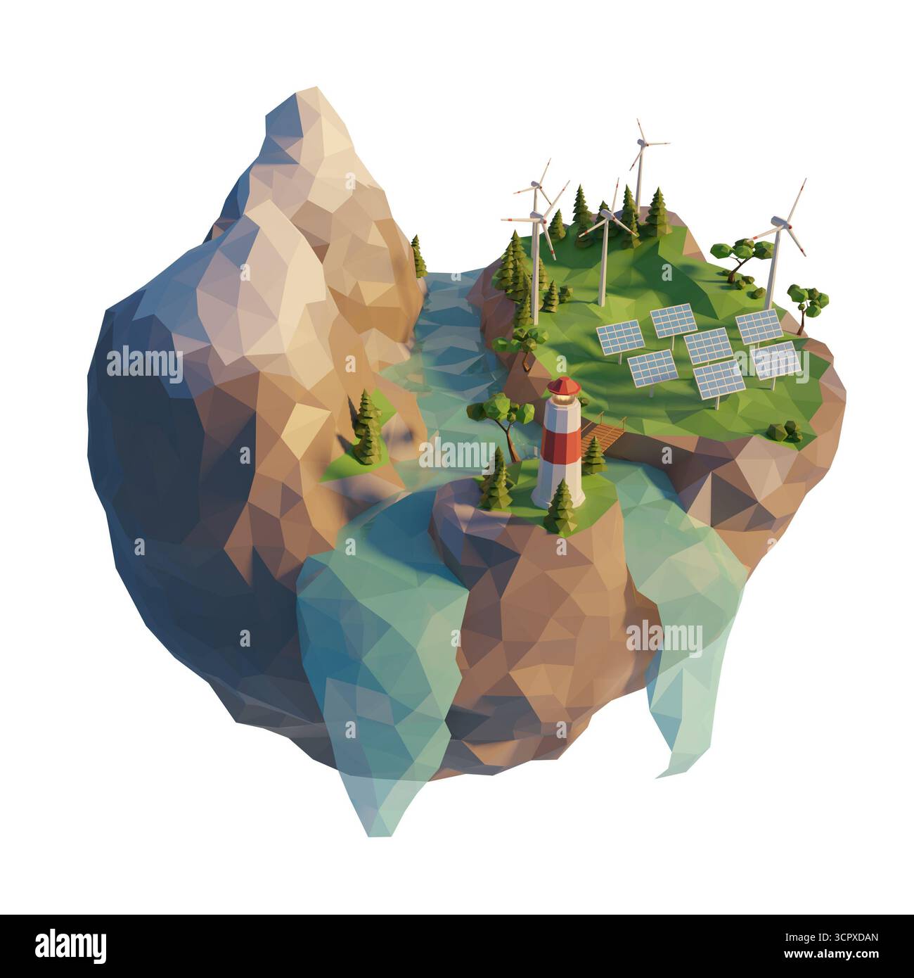 Sources de production d'énergie propre. Panneaux solaires et éoliennes sources d'énergie renouvelables. illustration 3d low poly. Banque D'Images