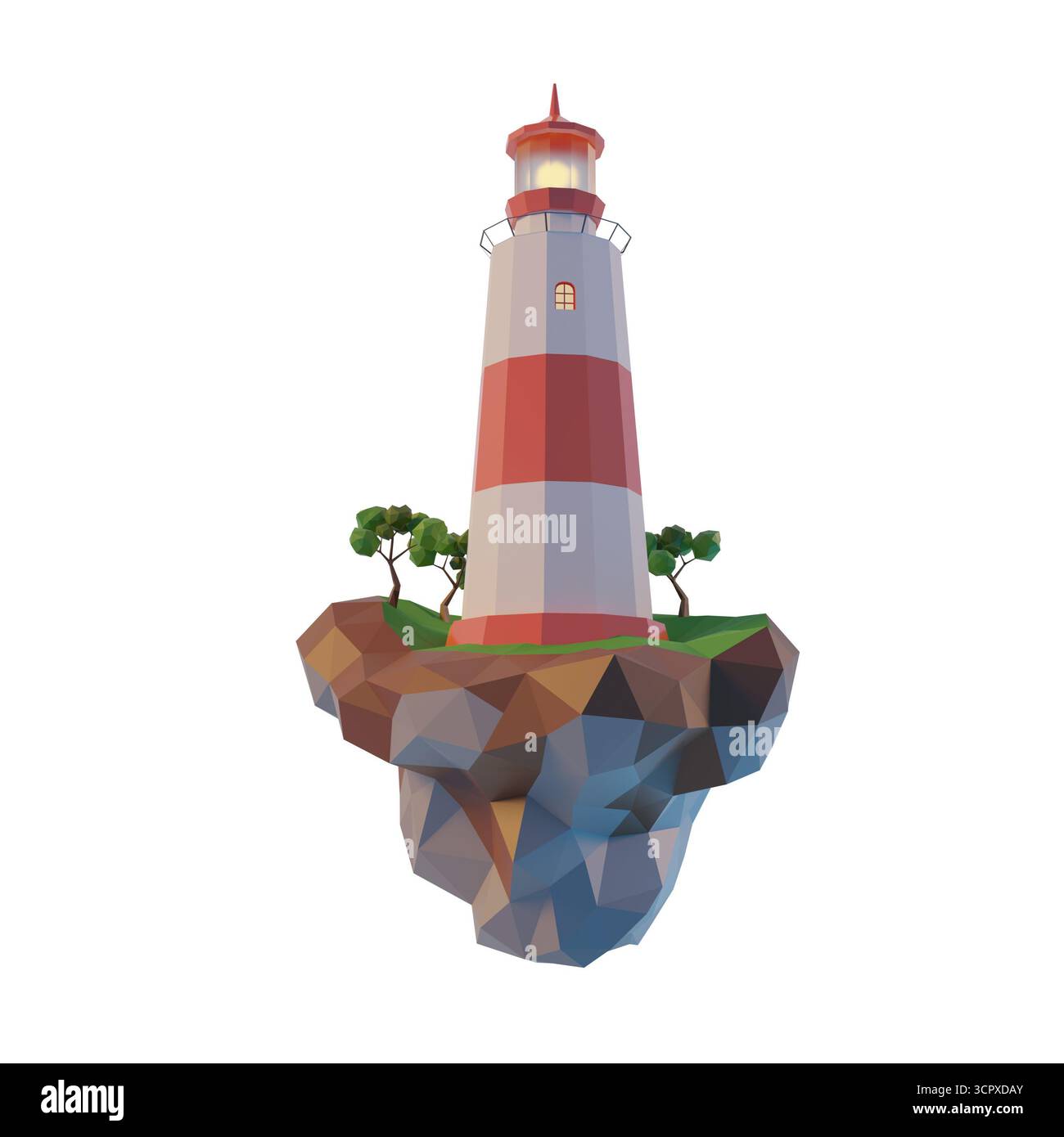 Phare sur une île volante. Illustration 3d low poly isolée sur fond blanc. Banque D'Images