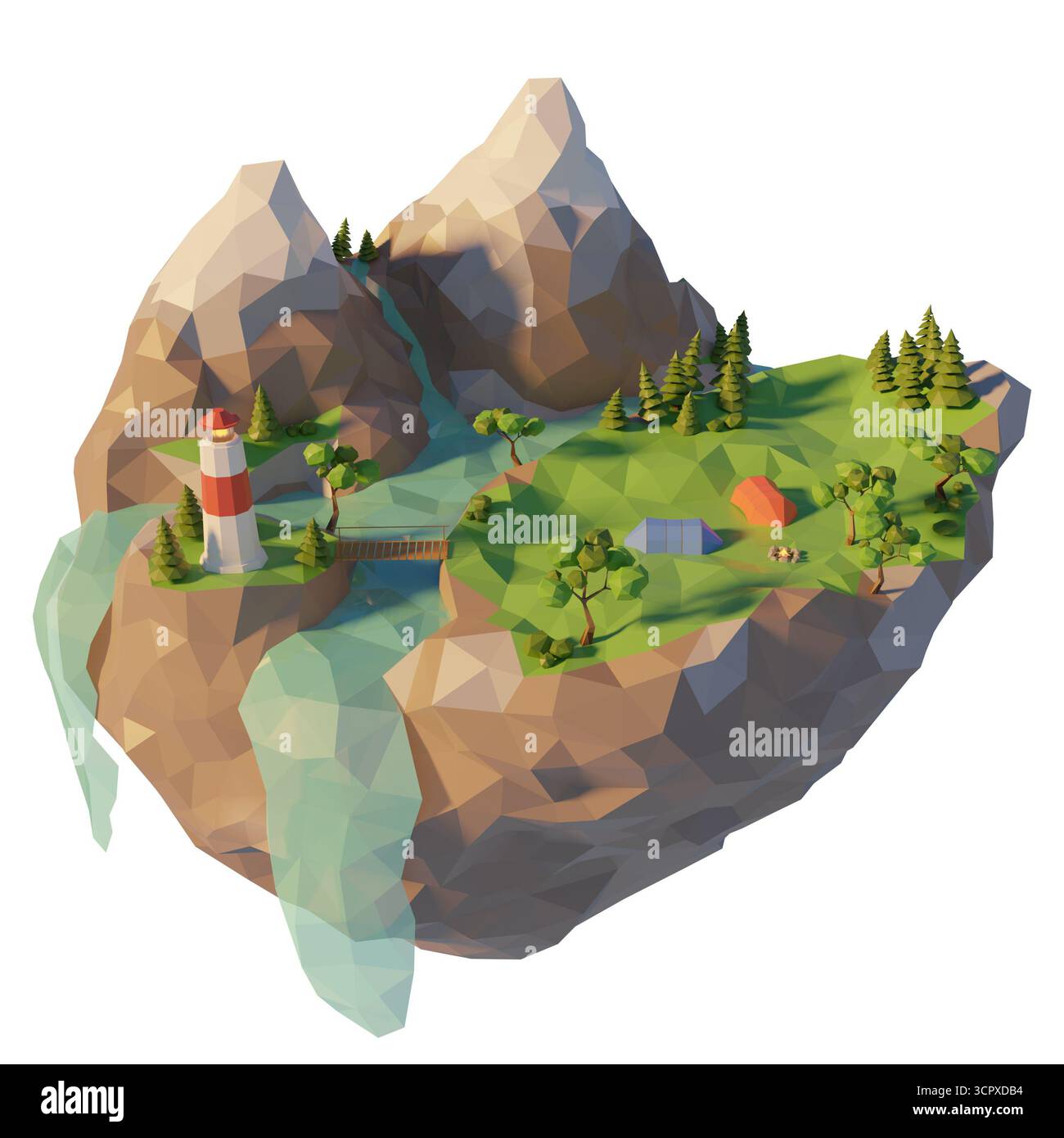 Camping, tente, feu de joie près de la rivière. Camping île basse poly paysage avec montagne. Concept Summertime. illustration de rendu 3d. Banque D'Images