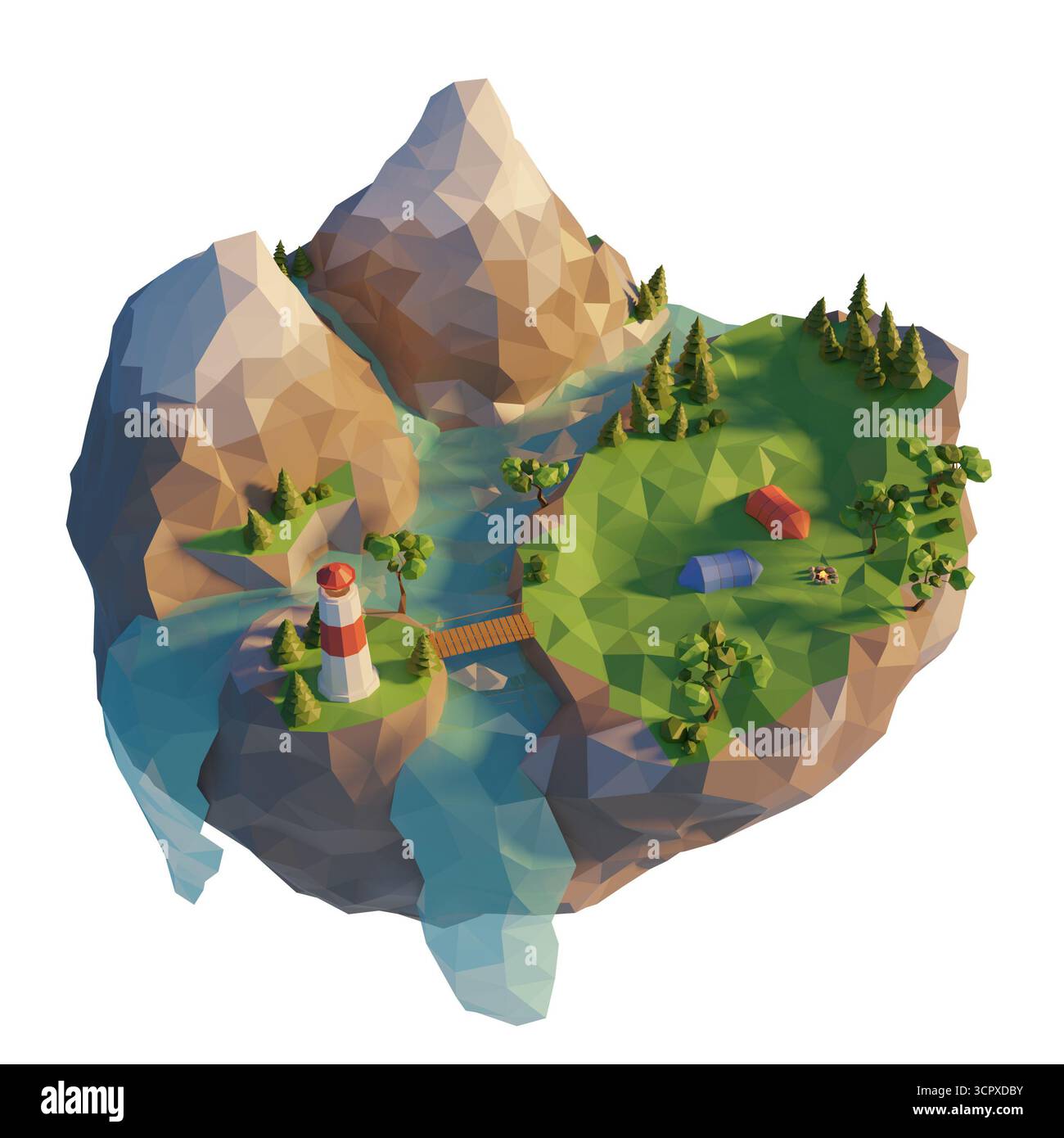 Camp touristique en montagne près de la rivière. îlot coulant 3d lowpoly. Illustration conceptuelle. Banque D'Images