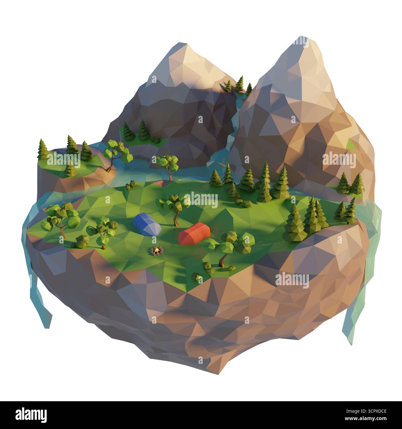 Camping, tente, feu de joie près de la rivière. Camping île basse poly paysage avec montagne. Concept Summertime. illustration de rendu 3d. Banque D'Images