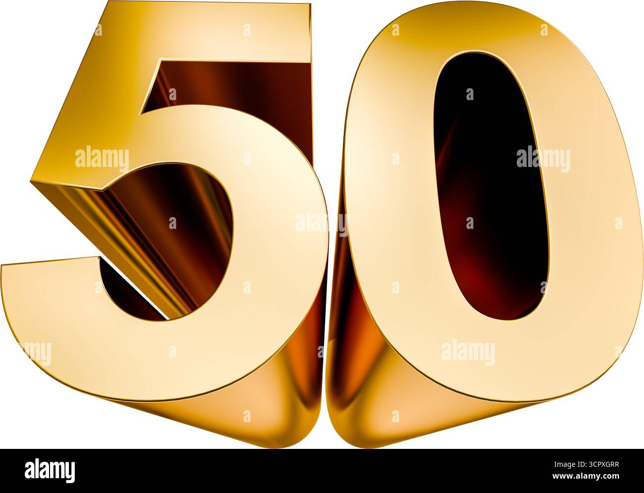 Vue grand angle du nombre 50 en lettres dorées 3d sur fond blanc pur pour une meilleure séparation. Ressource graphique. Concept d'anniversaire ou d'anniversaire. Banque D'Images