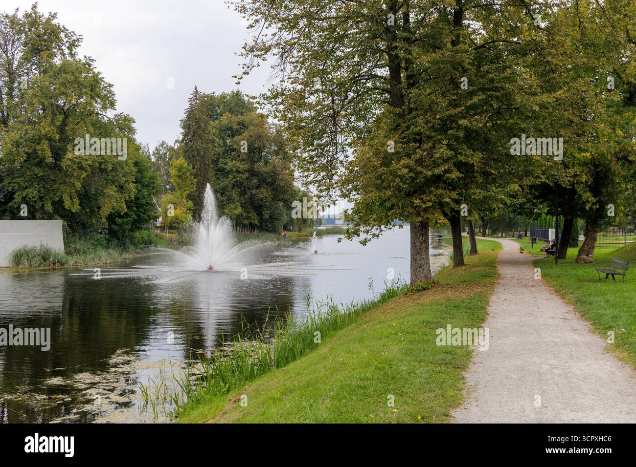 Une large vue sur un paisible chemin de parc bordé d'arbres, longeant un canal tranquille avec une fontaine d'eau unique et proéminente par temps nuageux Banque D'Images