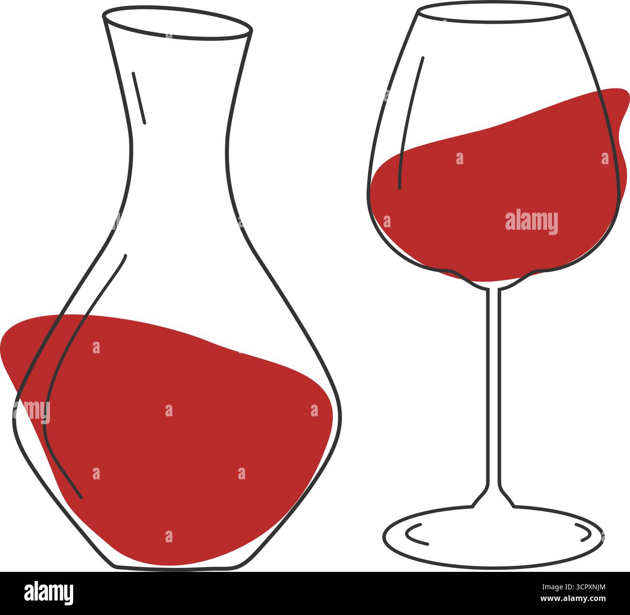 Décanteur de contour et grand verre à vin avec des taches rouges comme vin. Voeux pour la Journée du vin Design minimaliste. Illustration vectorielle isolée vin autocollant thématique icône pictogramme cartes de vœux affiches, dépliants Illustration de Vecteur