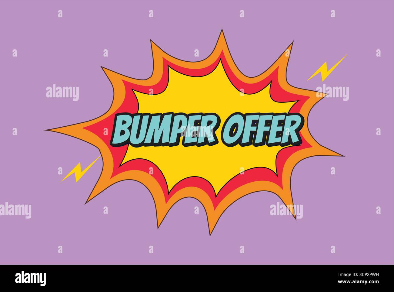 Un motif pop art et comic book éclatant avec le texte audacieux « BUMPER OFFER » dans une bulle de discours dynamique jaune, rouge et orange explosif aga Illustration de Vecteur