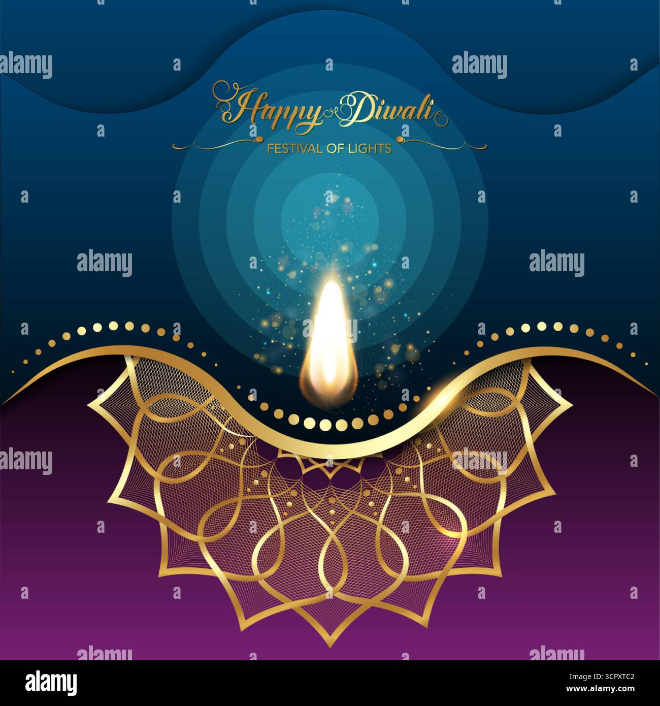 Happy Diwali Festival of Lights India Celebration modèle coloré. Conception de bannière graphique de Burning Indian Diya Oil Lamp, design mandala doré. Illustration de Vecteur
