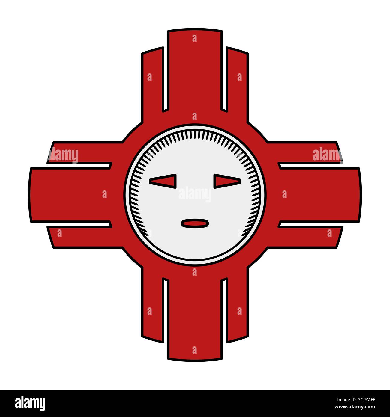 Symbole original Zia Sun. Signe solaire rouge avec quatre rayons de soleil dans les directions cardinales, et gabarit pour le symbole sur le drapeau du Nouveau-Mexique. Banque D'Images
