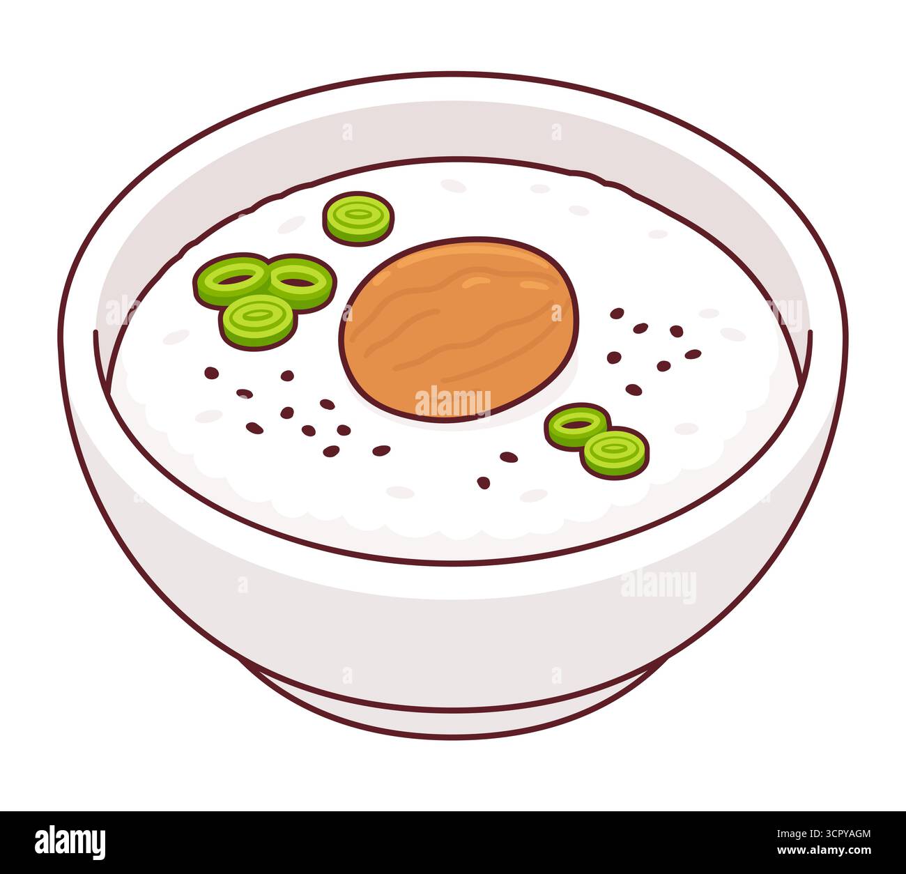 Kayu (Okayu), bouillie de riz japonaise traditionnelle garnie de prunes marinées Umeboshi et d'oignons verts. Illustration clip art vectorielle de dessin animé. Illustration de Vecteur