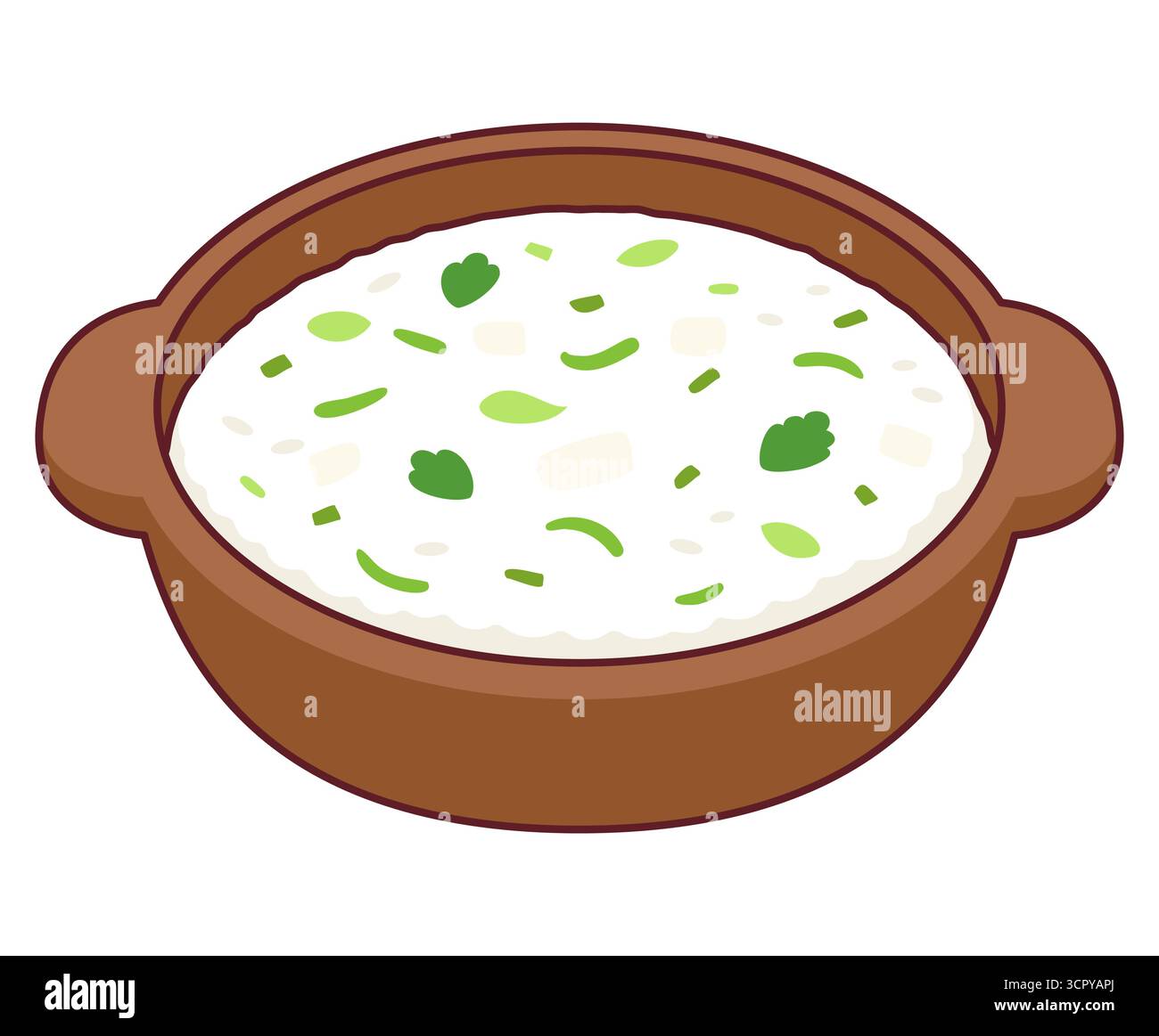 Nanakusa-gayu, bouillie de riz japonaise traditionnelle avec sept herbes. Illustration clip art vectorielle de dessin animé. Illustration de Vecteur