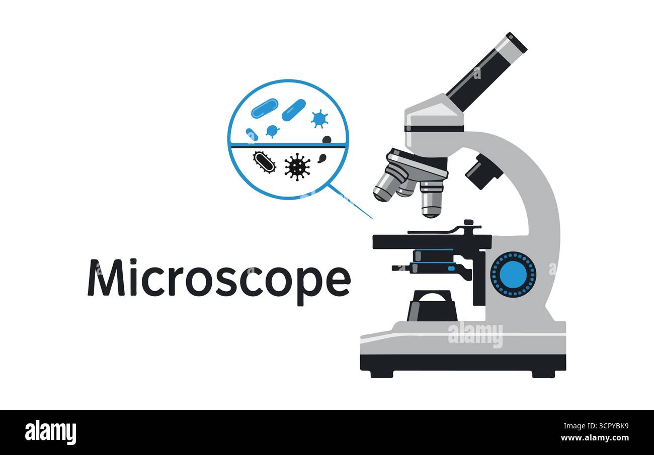 Guide essentiel du microscope : grossissement, pièces et utilisations en sciences et biologie Illustration de Vecteur