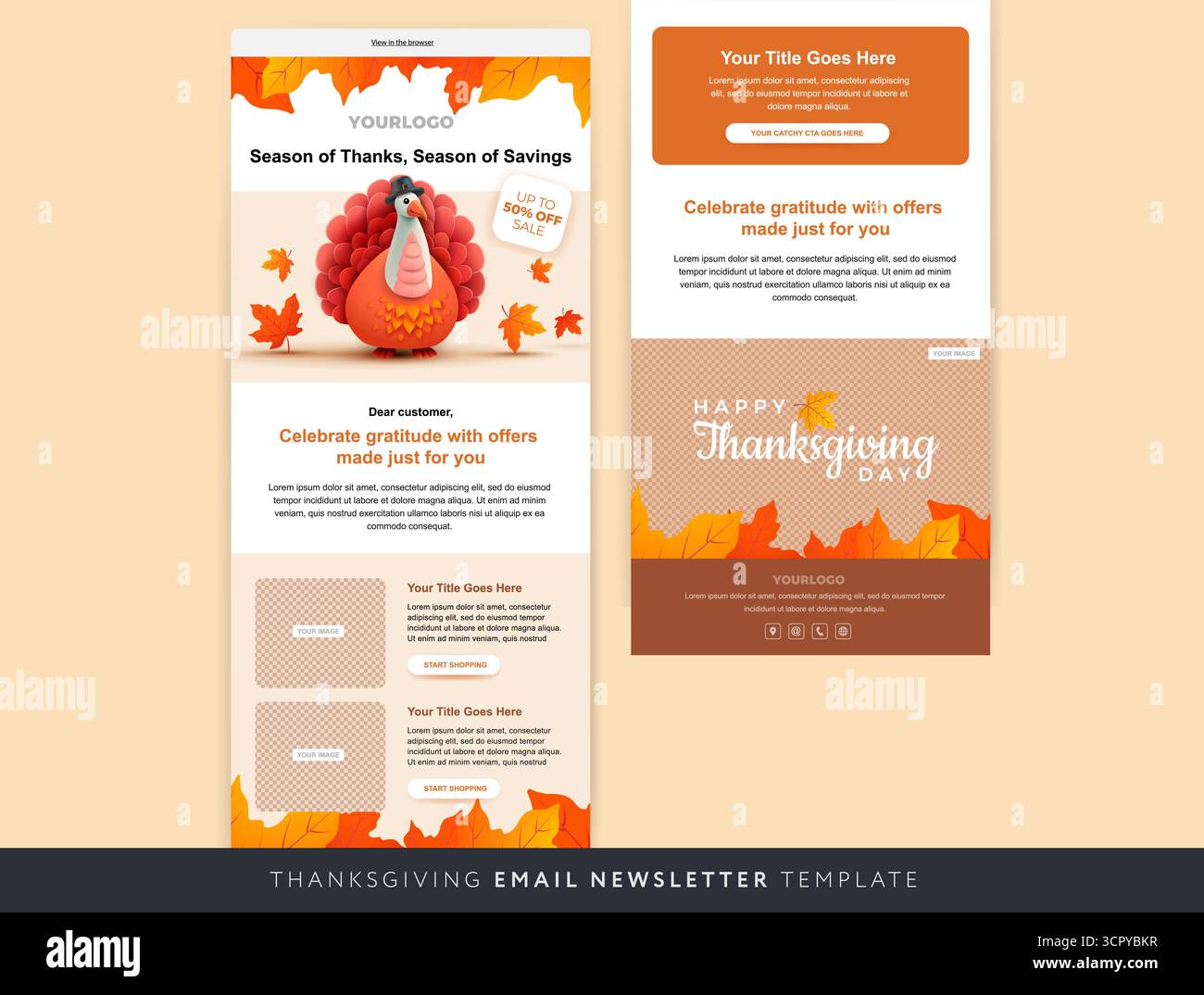 Modèle de bulletin de marketing par courriel de vente de Thanksgiving - dinde pèlerin de Thanksgiving et feuilles d'automne - illustration vectorielle de couleur orange jaune Illustration de Vecteur