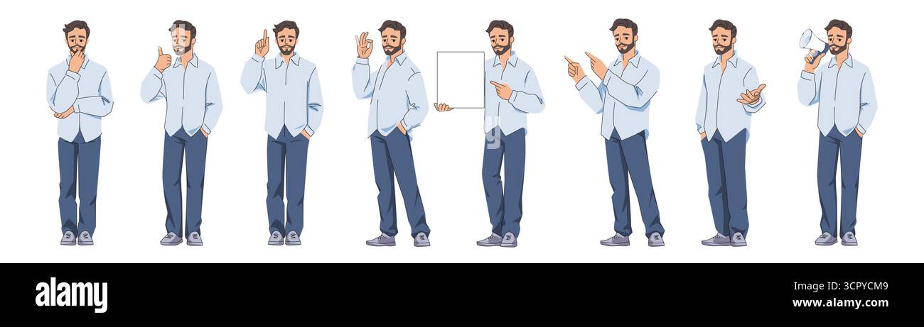 Homme d'affaires. Occasionnel jeune homme d'affaires masculin. Heureux debout ou pointant dans la chemise, jeans vêtements. Employé de bureau. Expressions ou gestes d'émotion de visage. Employé montrant une affiche. Jeu de poses de dessin animé vectoriel Illustration de Vecteur