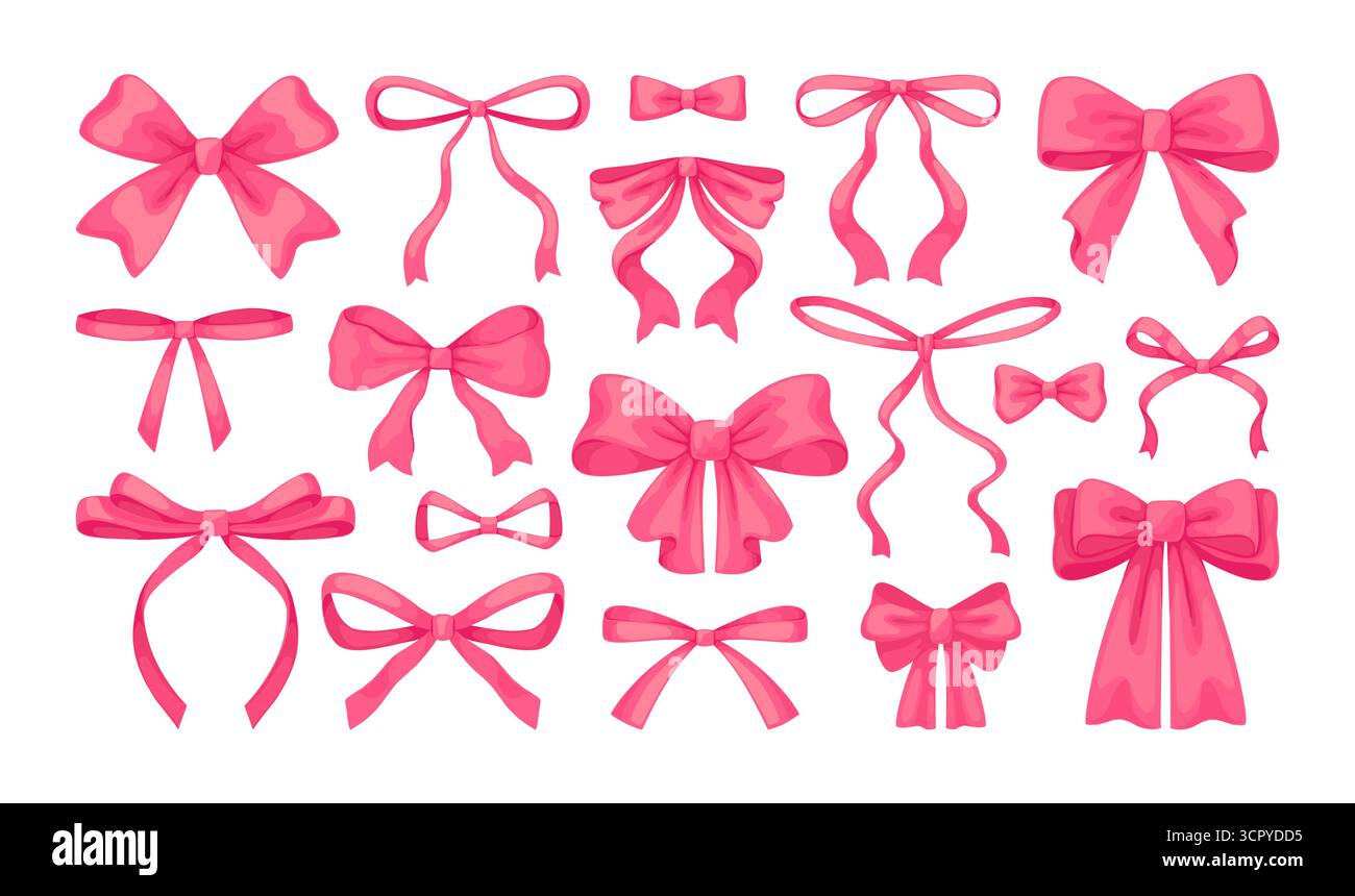 Ruban rose. Noeud cadeau mignon, noeud papillon coeur fille ou bowknot girly vintage. Carte de vacances, accessoires d'anniversaire. Emballage décoratif isolé et noeud de cheveux, enveloppant des objets en soie. Illustration vectorielle Illustration de Vecteur