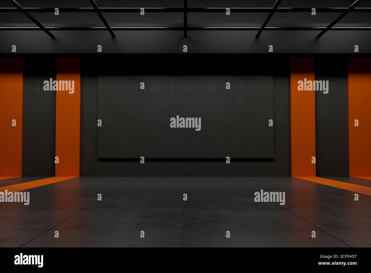 Podium sombre minimal avec mur d'accent orange, idéal pour la vitrine automobile, la présentation de luxe et l'affichage de produits modernes Banque D'Images
