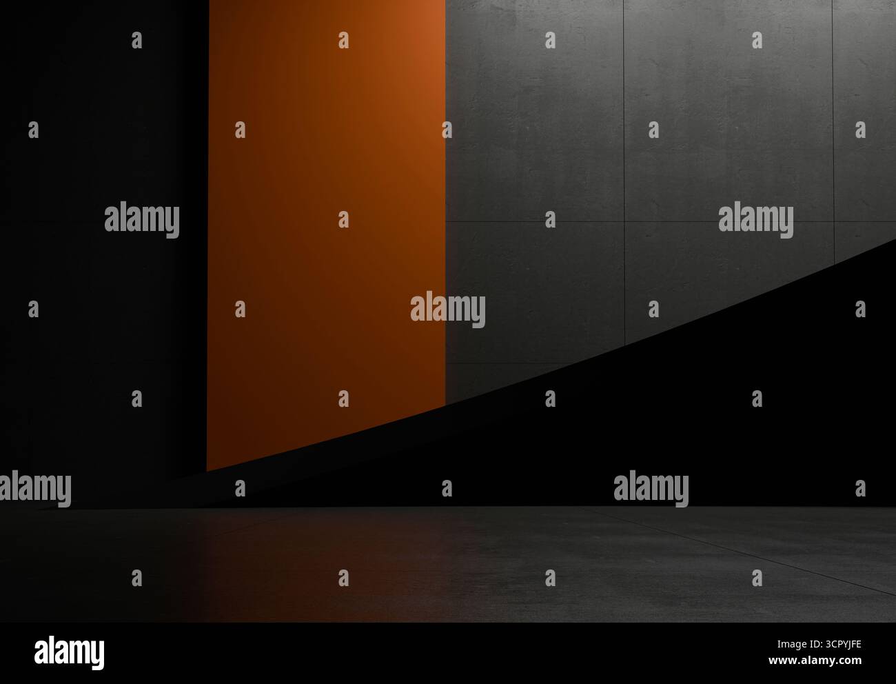 Podium sombre minimal avec mur d'accent orange, idéal pour la vitrine automobile, la présentation de luxe et l'affichage de produits modernes Banque D'Images
