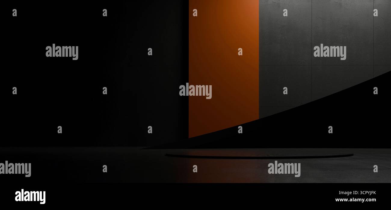 Podium sombre minimal avec mur d'accent orange, idéal pour la vitrine automobile, la présentation de luxe et l'affichage de produits modernes Banque D'Images