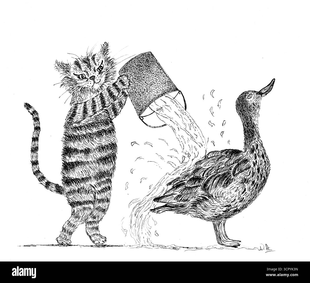Arrosez le dos d'un canard. Illustration amusante et fantaisiste d'un chat et d'un canard. Banque D'Images