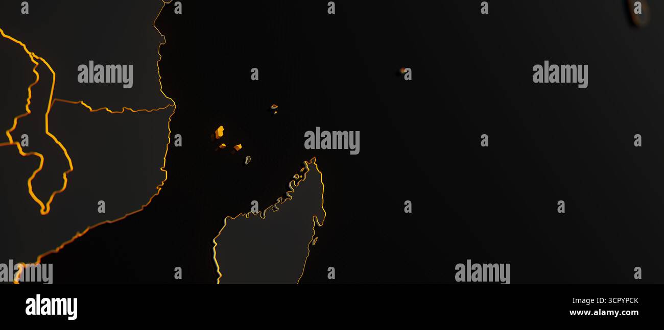 Golden Comores carte 3D entourée d'autres pays en noir avec des frontières dorées et dof peu profond. Carte politique avec frontières Banque D'Images