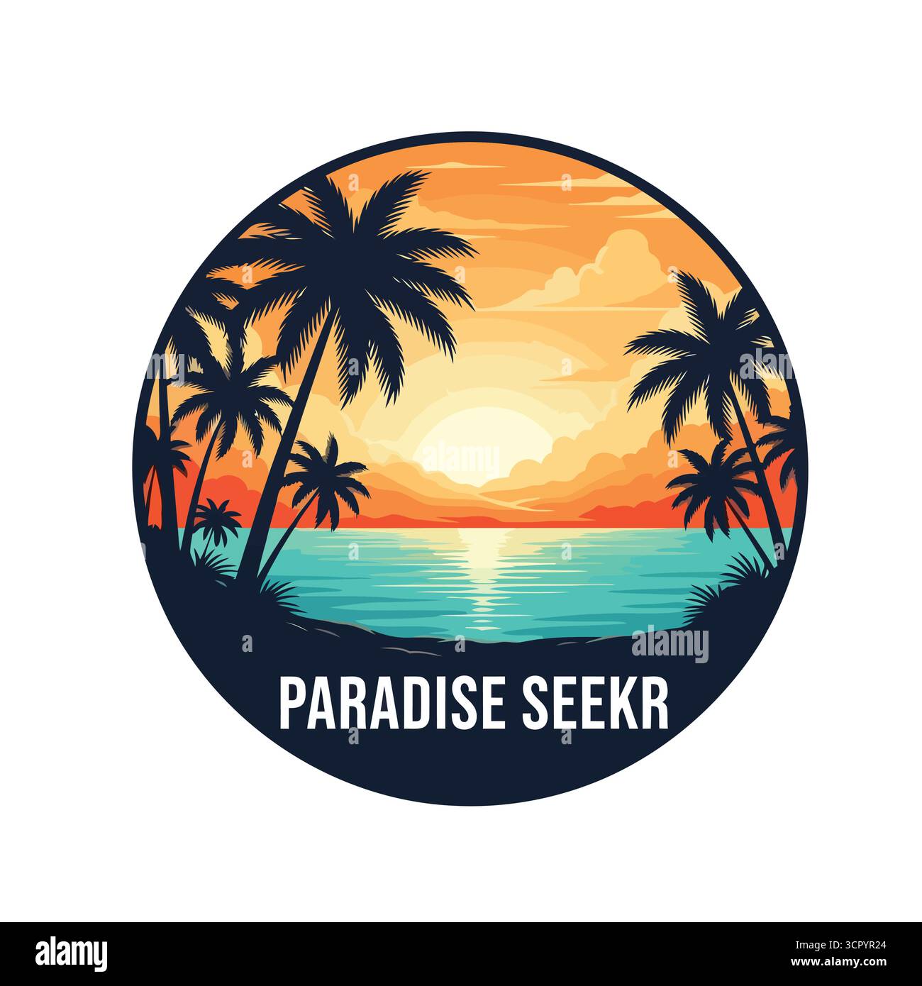 Vector art of Paradise seekr logo représentant une scène de plage tropicale avec des palmiers, l'océan et le coucher du soleil, encapsulé dans un cercle Illustration de Vecteur