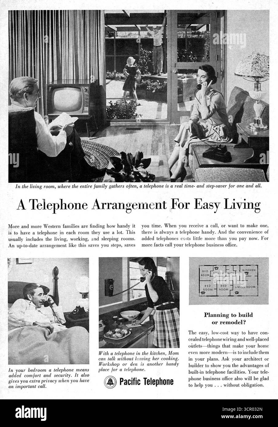1955 Pacific Telephone annonce promeut la commodité et la facilité d'un « arrangement téléphonique pour une vie facile » en ayant plusieurs postes téléphoniques dans toute la maison. Banque D'Images