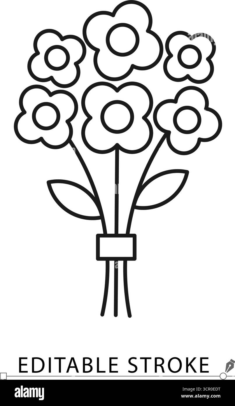 Une icône de bouquet de mariée dans un style de ligne minimaliste avec trait modifiable. Arrangement floral de mariage, cadeau floral, décoration de cérémonie de mariage Illustration de Vecteur