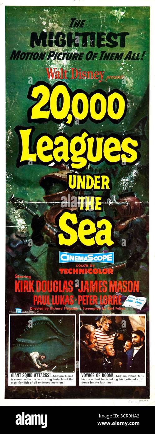Affiche de 1954 pour le film Walt Disney 20 000 ligues sous la mer. Une adaptation du roman classique de science-fiction de Jules Verne ; produit par Walt Disney, réalisé par Richard Fleischer, et met en vedette Kirk Douglas, James Mason Banque D'Images