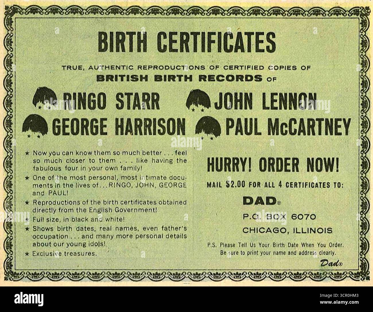 1965 les certificats de naissance des Beatles copies ad Banque D'Images