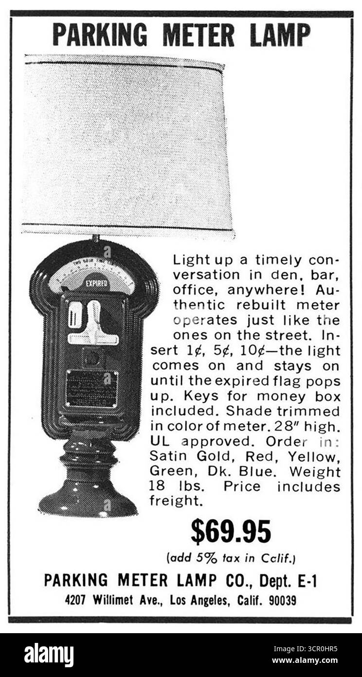 1972 annonce de lampe de compteur de stationnement, « illumine une conversation opportune dans la tanière, le bar, le bureau, n'importe où » Banque D'Images