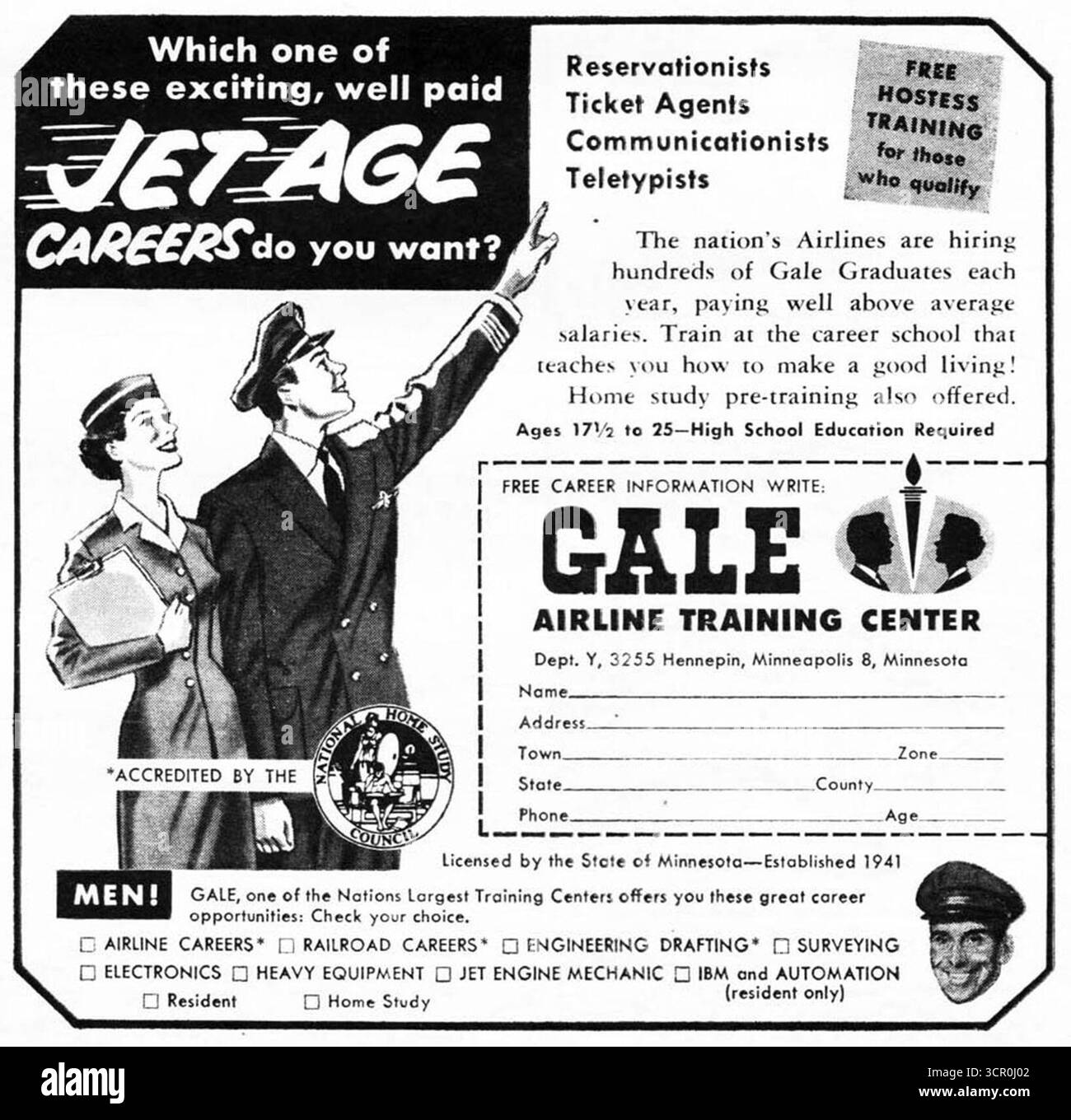 1960 Jet Age Carrières, Centre de formation de Gale Airline, formation gratuite des hôtesses, réservationistes, agents de billetterie, publicité Banque D'Images