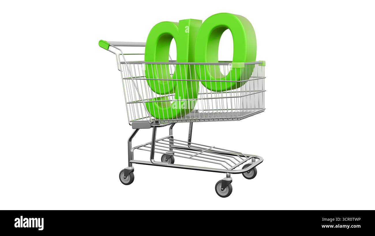 Un panier vert est vide sur fond blanc, avec des lettres en gras au-dessus de lui, signalant un événement de vente important rempli Banque D'Images