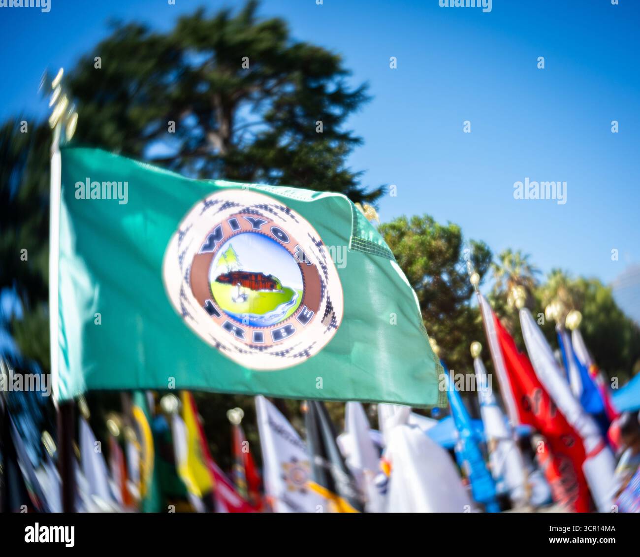 Photo sélective du drapeau tribal Wiyot (une tribu amérindienne reconnue par le gouvernement fédéral dans le comté de Humboldt) avec d'autres drapeaux tribaux au Capitole. Banque D'Images