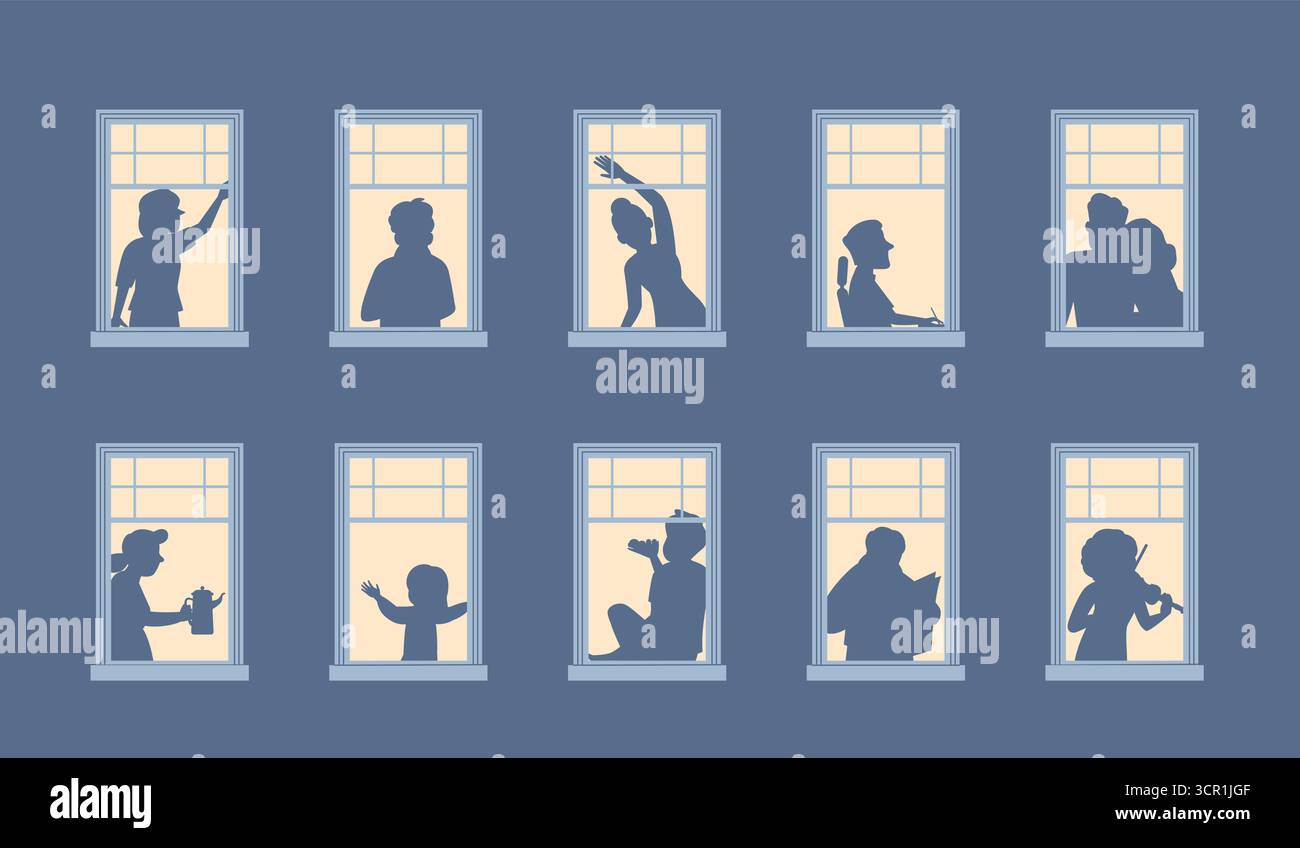 Silhouettes de fenêtres de personnes. Maison d'appartements avec silhouette de personne, voisins personnages. Appartements de nuit avec lumières, extérieur du bâtiment du soir, Re Illustration de Vecteur