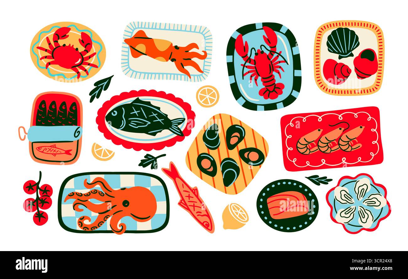 Ensemble repas de fruits de mer. Autocollants Doodle avec sardines en conserve, crabe, calmars, poisson frit, crevettes, et des moules sur des assiettes. Cuisine méditerranéenne. Vecteur de dessin animé Illustration de Vecteur