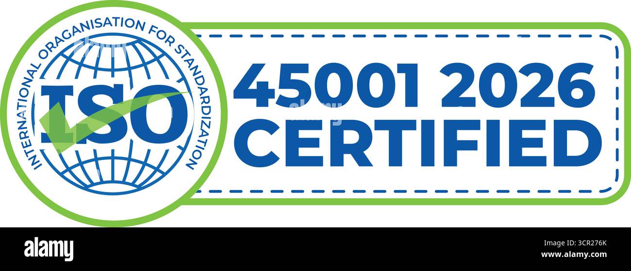 Badge de gestion de la santé et de la sécurité certifié ISO 45001 :2026 pour les normes et la conformité sur le lieu de travail Illustration de Vecteur