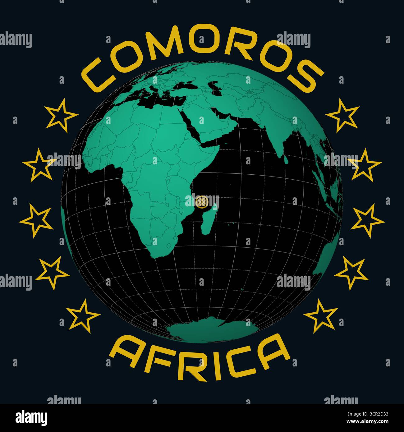Comores sur Globe. Arrondissez le texte du nom du pays et du continent. Vue du pays sur la carte du monde dans la palette de couleurs Black Emerald. Comores forme sur la carte. Illustration de Vecteur