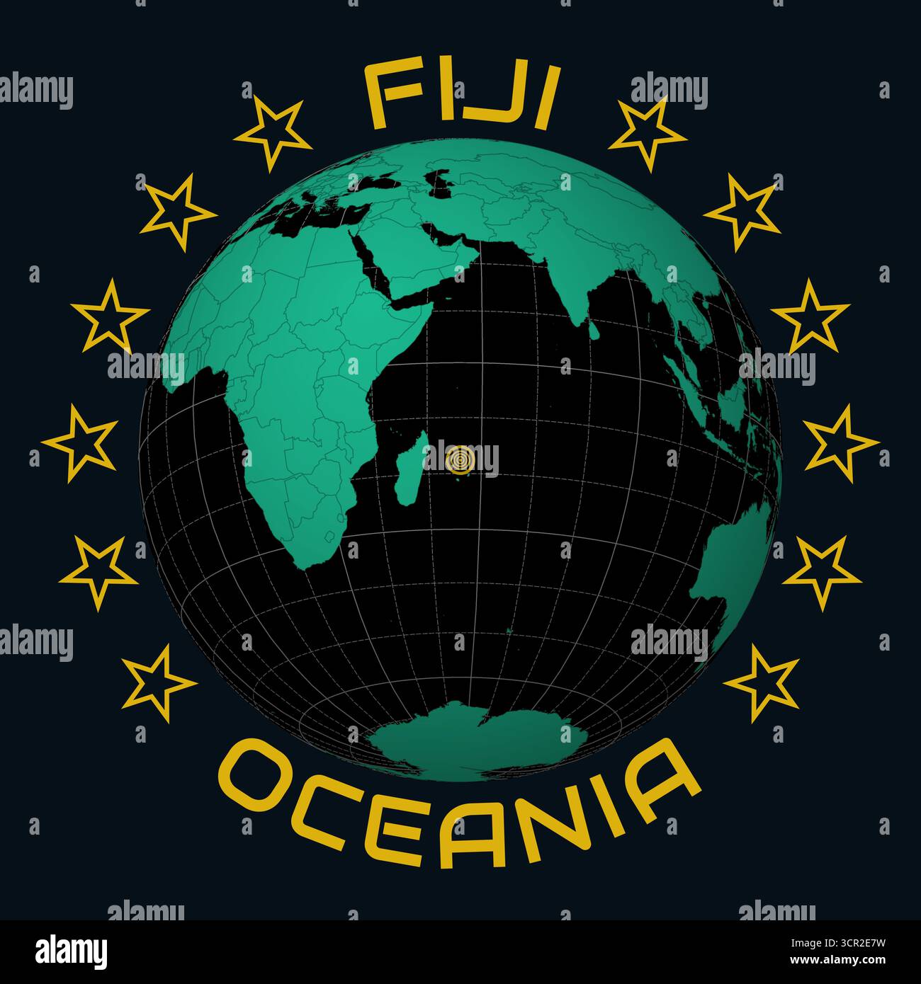 République des Fidji sur Globe. Arrondissez le texte du nom du pays et du continent. Vue du pays sur la carte du monde dans la palette de couleurs Black Emerald. Fidji forme sur la carte Illustration de Vecteur