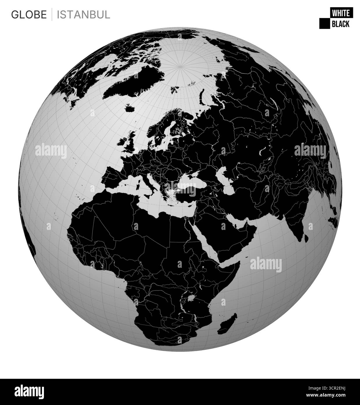Globe vectoriel centré sur Istanbul. Palette blanche et noire. Carte du monde avec méridiens, parallèles, pays, rivières et lacs. Illustration de Vecteur