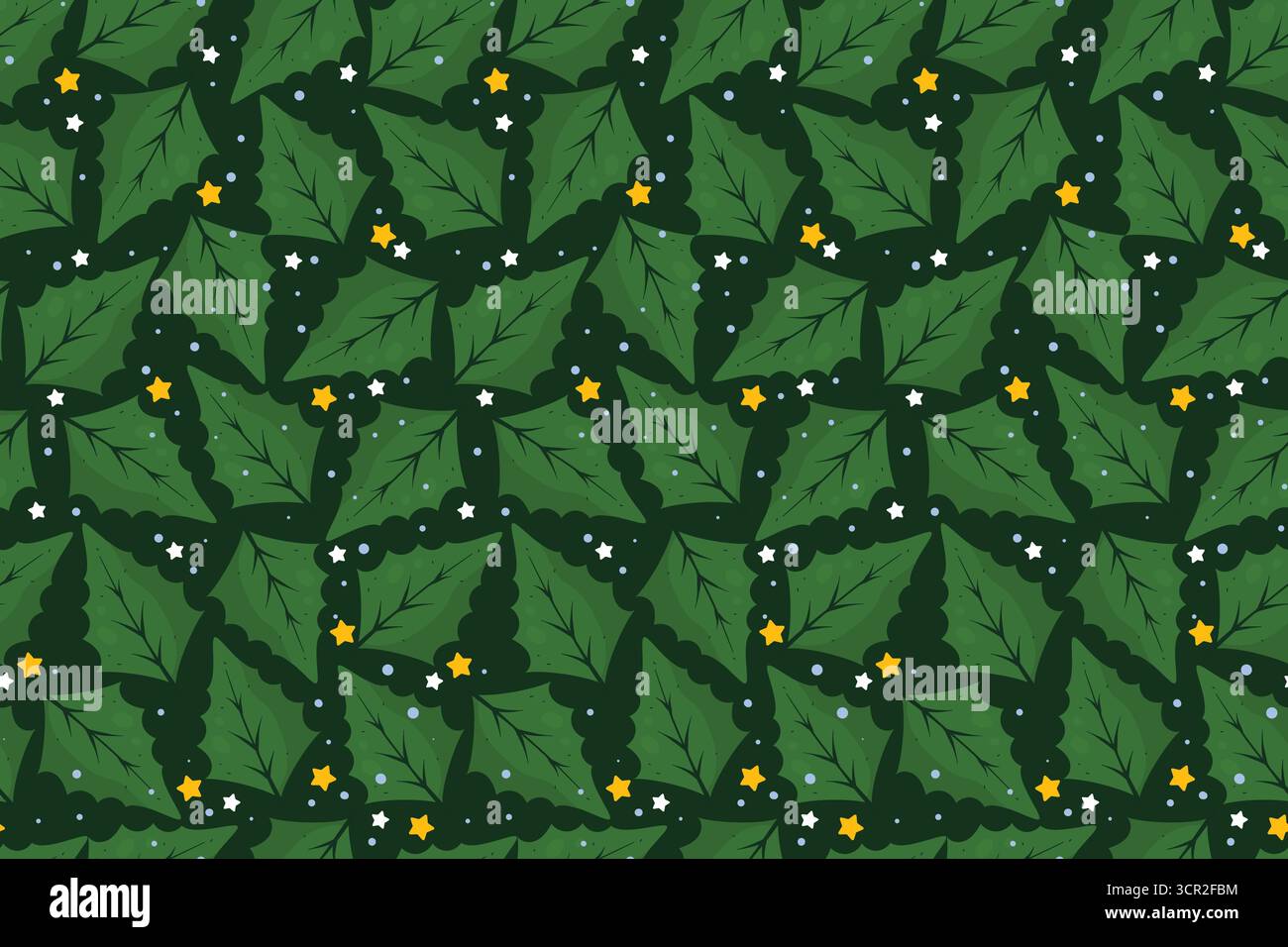 Motif sans couture traditionnel de Noël avec feuilles vertes et étoiles isolé sur fond sombre. Fond coloré avec des décorations de vacances d'hiver Illustration de Vecteur