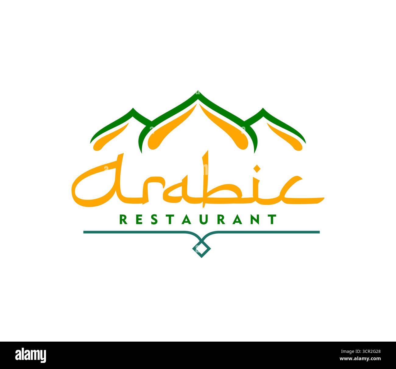 Cuisine arabe et icône de mosquée de restaurant arabe avec des lettres arabes, emblème vectoriel. Cuisine arabe et cuisine authentique, restaurant fast-food ou cantine gastronomique de plats halal traditionnels orientaux Illustration de Vecteur