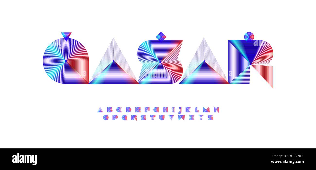 Police de logo de ligne géométrique néon, lettres de bande concentrique utilisant triangle, pyramide, cercle, carré. Alphabet dégradé métallique futuriste pour logos Tech Illustration de Vecteur