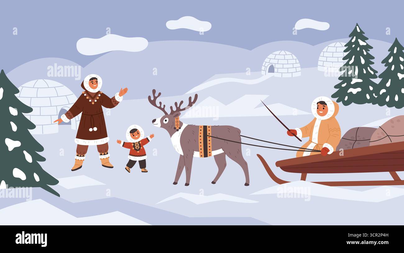 Les Inuits. Rennes éleveur de retour à la maison, famille esquimau heureuse, personnages nordiques habillés de peaux, igloo de glace, paysage d'hiver, plat de bande dessinée Illustration de Vecteur