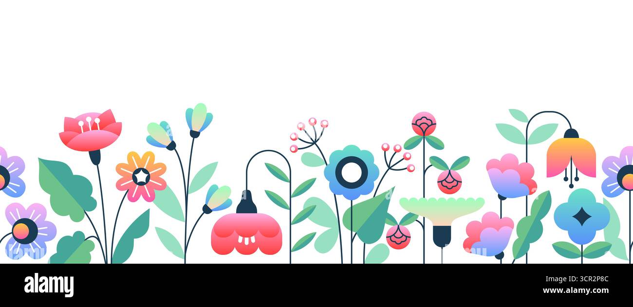 Bordure géométrique de fleur. Cadre floral sans couture, plantes florissantes colorées, éléments de fleur de jardin, décor botanique printanier, heure d'été, dessin animé plat Illustration de Vecteur