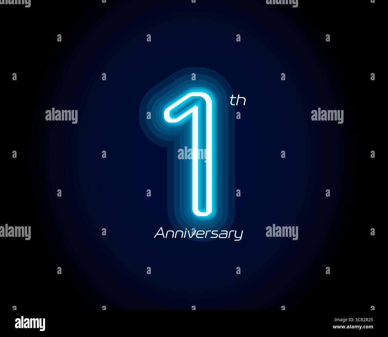 Néon bleu numéro un an, 1 logo anniversaire sur fond noir. Signe de jubilé lumineux brillant pour emblème de célébration de la partie d'événement cyber, numérique Illustration de Vecteur