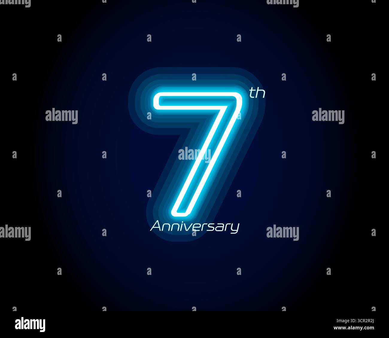 Néon bleu numéro sept ans, logo 7 anniversaire sur fond noir. Signe de jubilé lumineux brillant pour emblème de célébration de la partie d'événement cyber, numérique Illustration de Vecteur