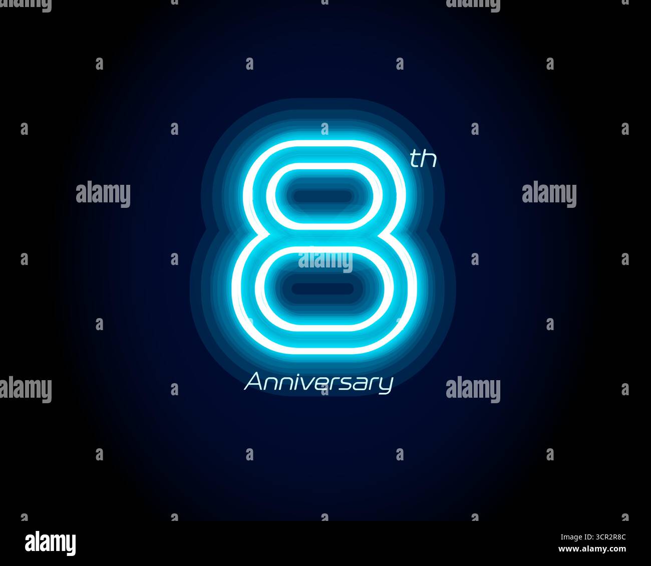 Néon bleu numéro huitième années, logo 8ème anniversaire sur fond noir. Signe de jubilé lumineux brillant pour emblème de célébration de la partie d'événement cyber Illustration de Vecteur