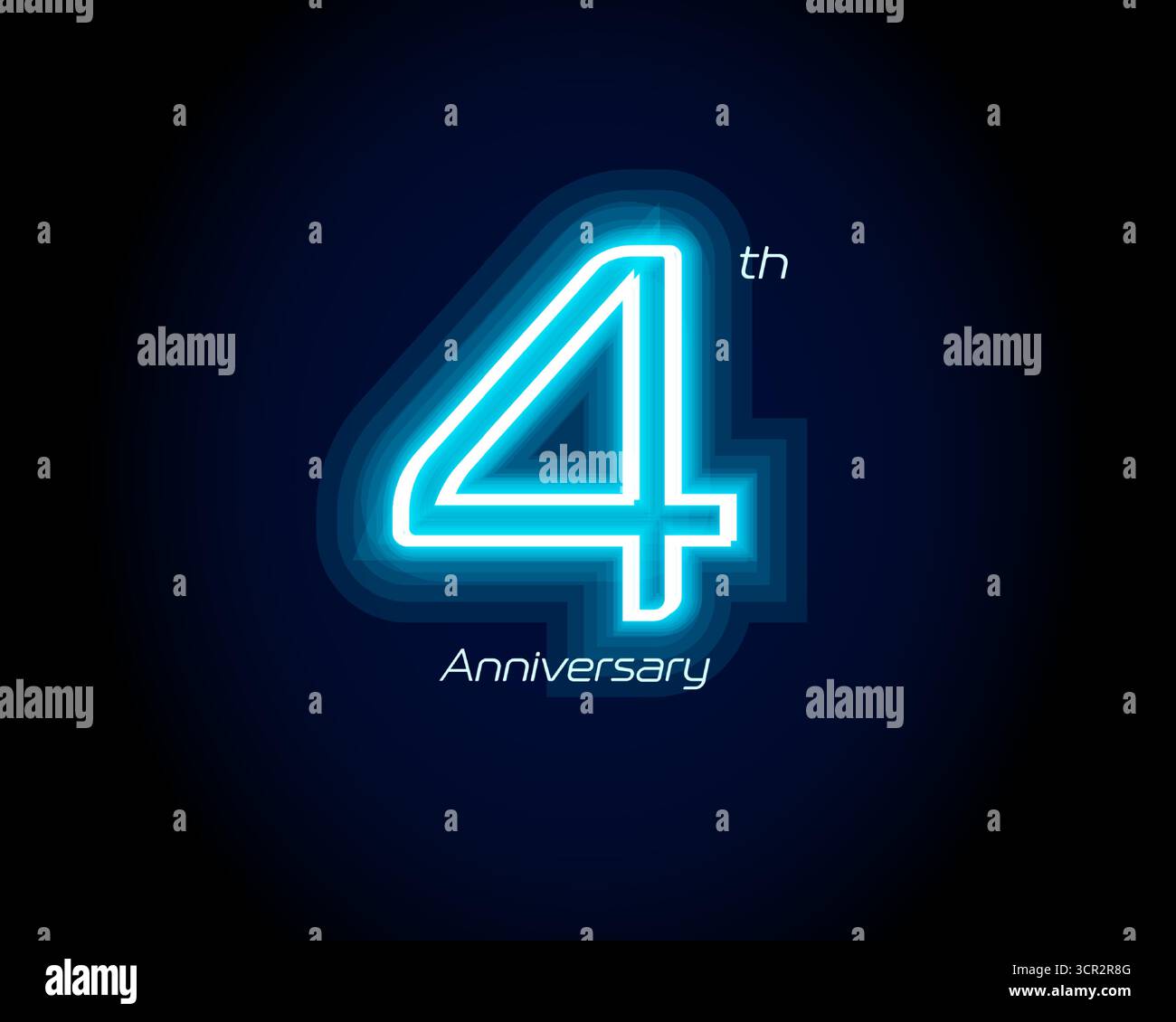 Néon bleu numéro quatre ans, logo 4 anniversaire sur fond noir. Signe de jubilé lumineux brillant pour emblème de célébration de la partie d'événement cyber, numérique Illustration de Vecteur